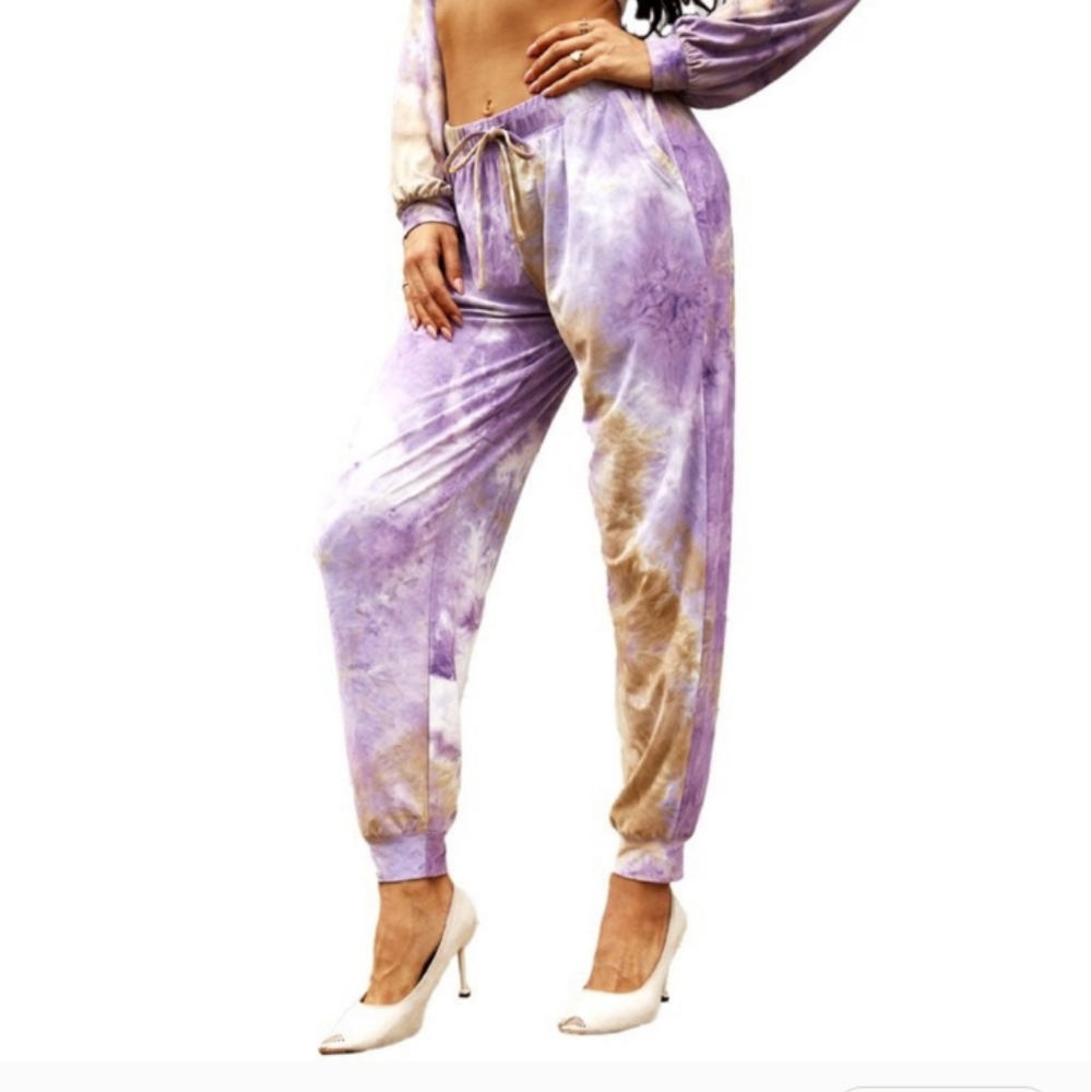 NWT Tie Dye Purple & Coffee Elastic Waist Drawstring Comfy Joggers